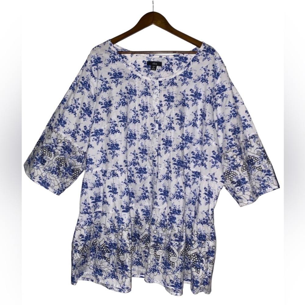 Ellos Tiered Blue Floral 3/4‎ Sleeve Button Up Tunic Dress Size 2x Relaxed Fit